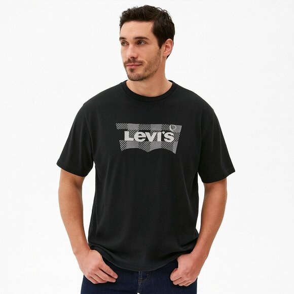 Levi's Graphic Tee Checkered Logo Short Sleeve Crew Neck Black and Gray XL - Picture 1 of 11